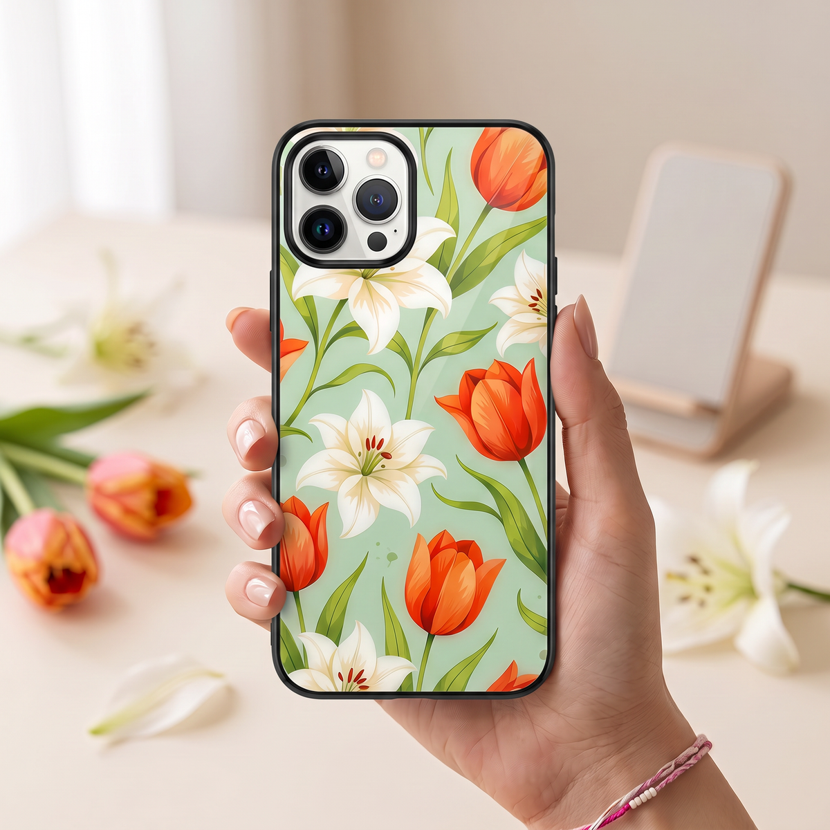 Kase Culture customised phone cover with tulip and lily floral print held in hand